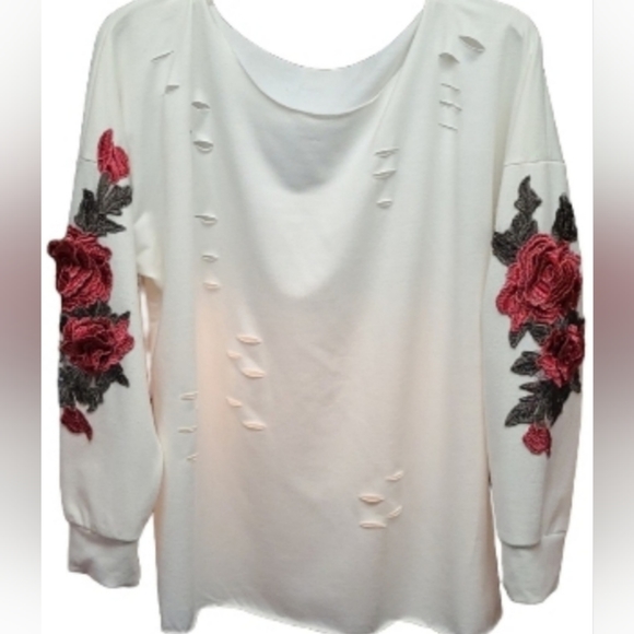 Naughty & Nice Tops - Off The Shoulder Shirt Embroidered Rose Appliqué Long Sleeve Loose Fit Soft